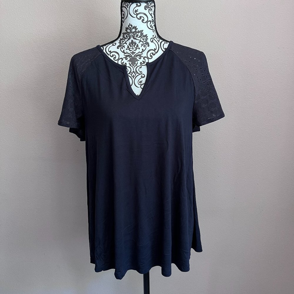 LANE BRYANT Flutter Sleeve Split Neck Swing Tee - Size 10/12 - Navy Blue